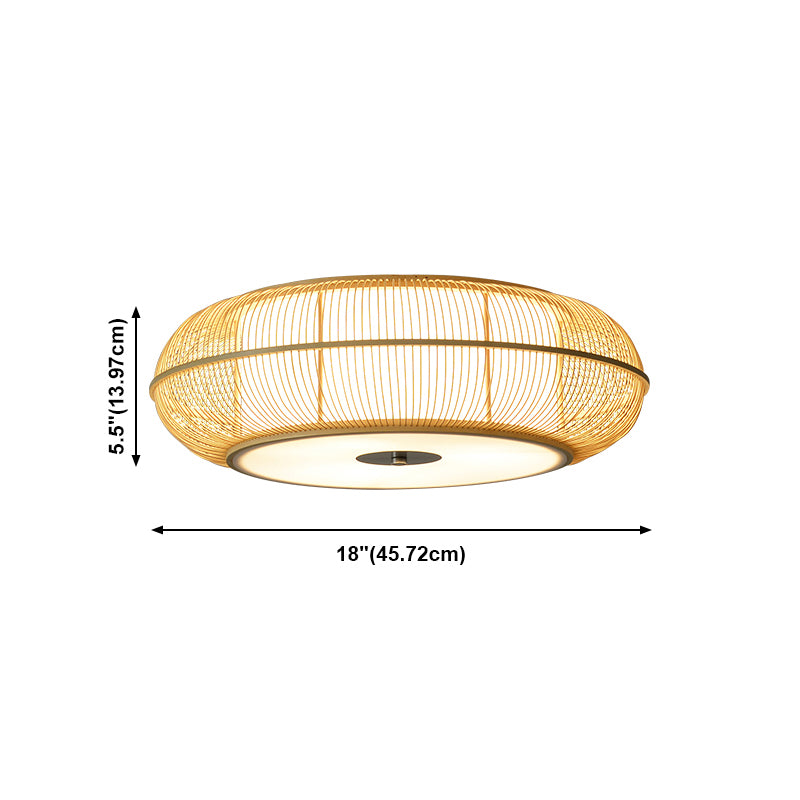Bamboo Beige Ceiling Mount Light Fixture Drum Shape Asia Style Flush Mount Ceiling Light