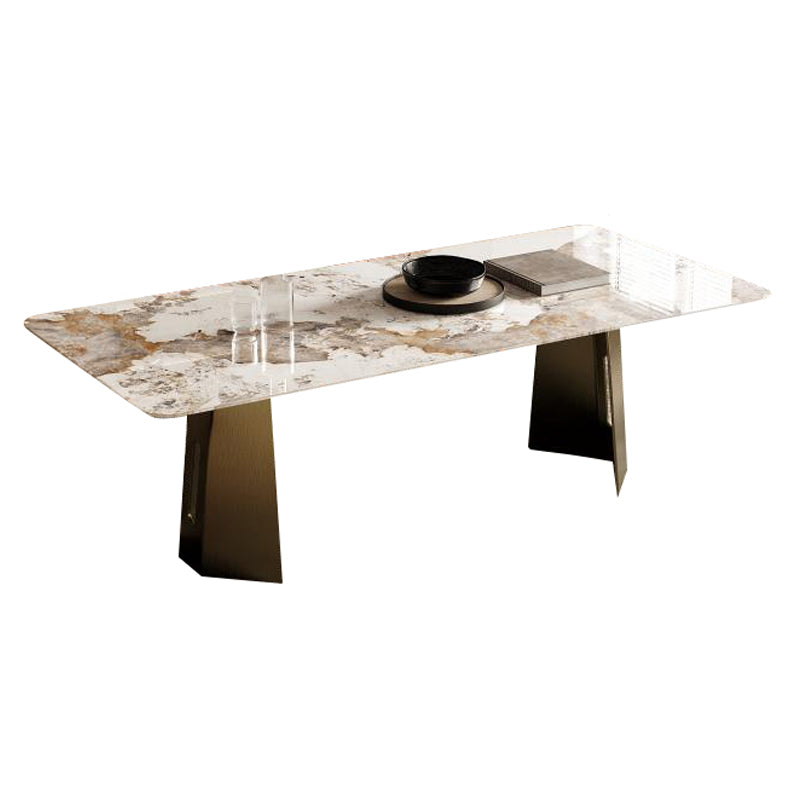 Rectangle Traditional Luxury Table Sintered Stone Table with Gold Double Pedestal