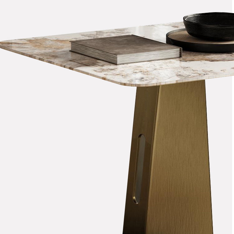 Rectangle Traditional Luxury Table Sintered Stone Table with Gold Double Pedestal
