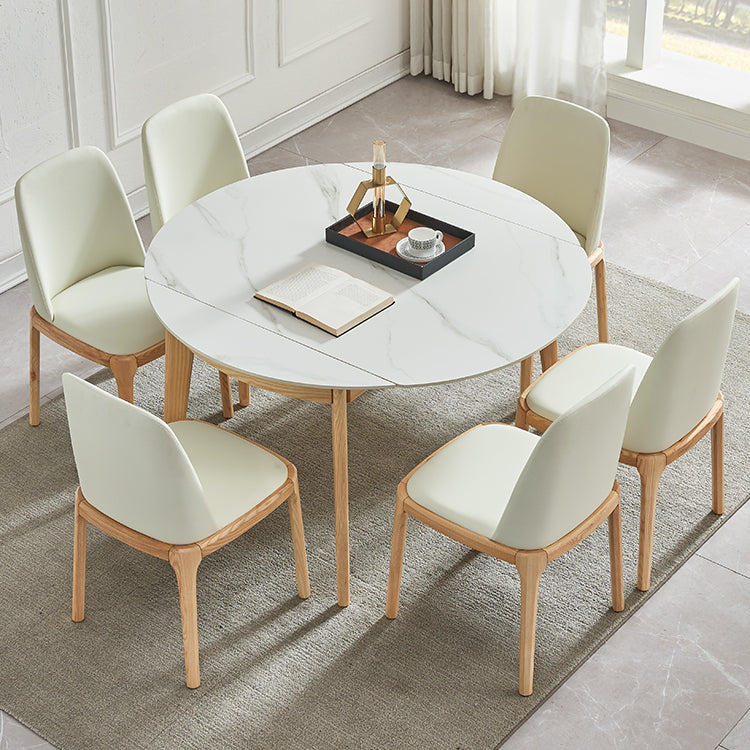 Round Contemporary Dining Room Table White Sintered Stone Table with 4 Ash Solid Wood Legs