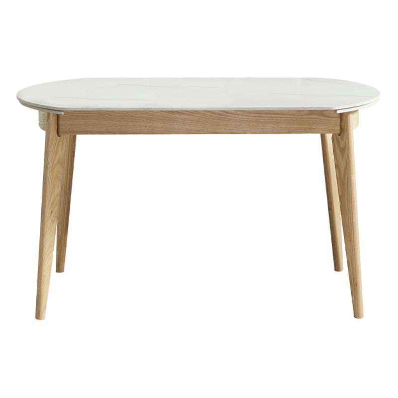 Round Contemporary Dining Room Table White Sintered Stone Table with 4 Ash Solid Wood Legs