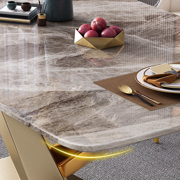 Mesa rectangular de lujo tradicional, mesa de piedra sinterizada gris con base de pedestal dorado