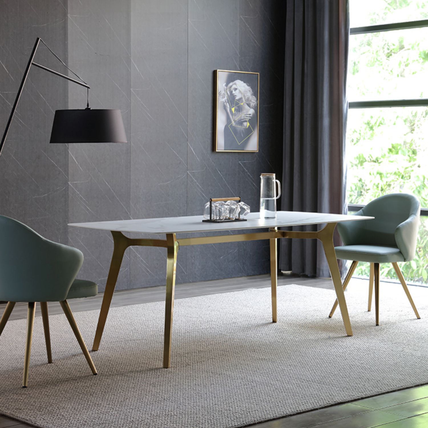 Traditionele luxe eettafel Sintered Stone 4 Legs Tafel met gouden frame