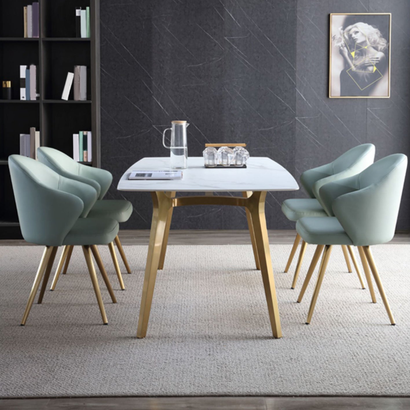 Traditionele luxe eettafel Sintered Stone 4 Legs Tafel met gouden frame