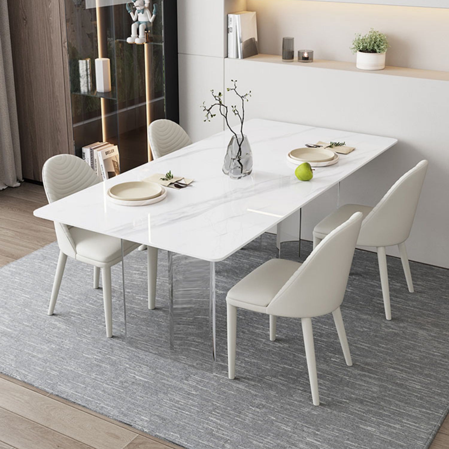 Mesa de comedor rectangular moderna, mesa de comedor de piedra sinterizada blanca con base acrílica para cocina