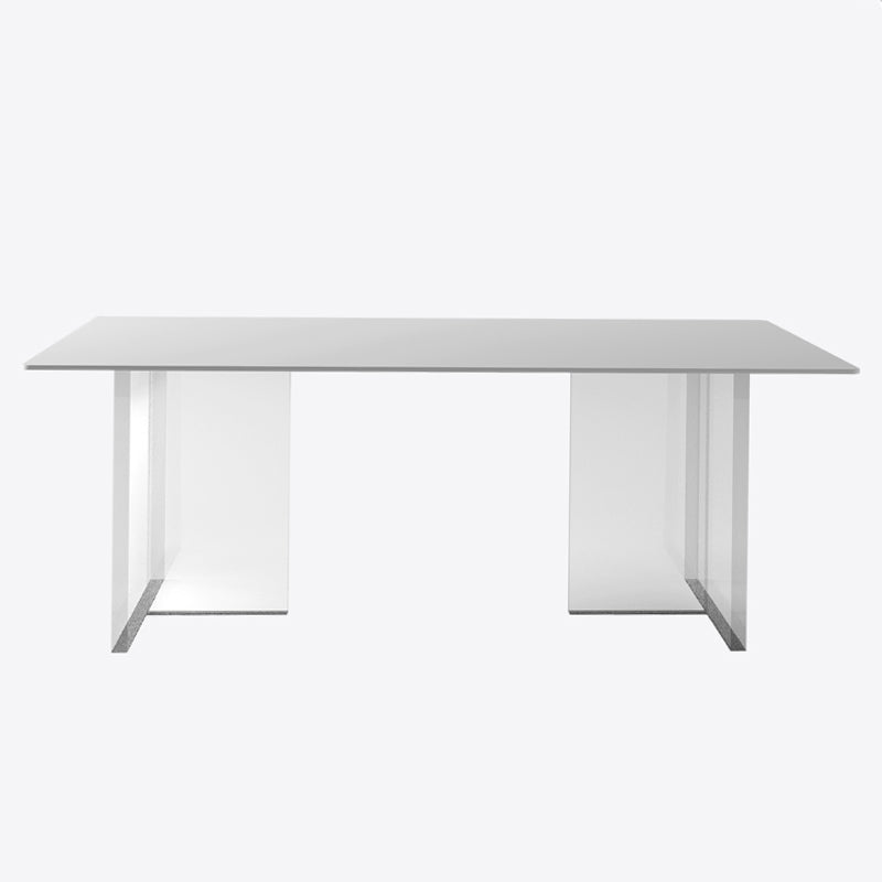 Mesa de comedor rectangular moderna, mesa de comedor de piedra sinterizada blanca con base acrílica para cocina