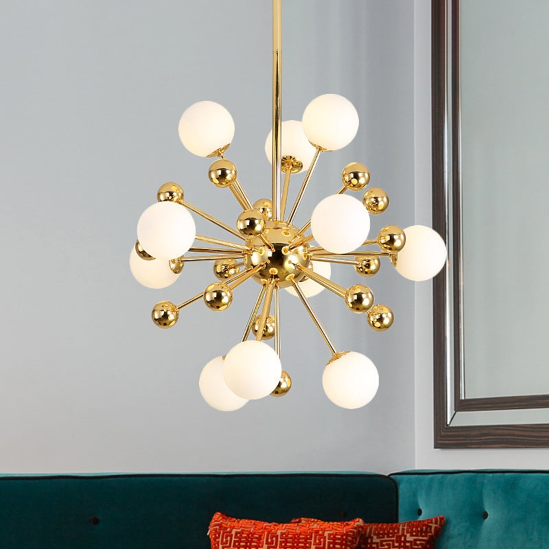 Lámpara colgante de techo dorado de lámpara de metal de Starburst de diseñador con sombra de pelota de vidrio blanco, 23.5 "/31.5"/39 "de ancho