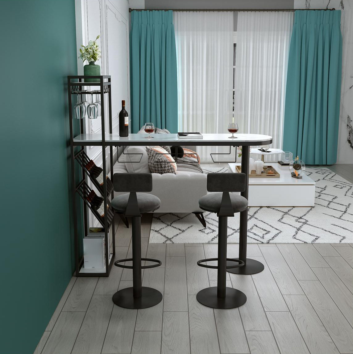 Glam Style Iron Bar Table 41.3"H Faux Marble White Top Bistro Table with Wine Rack