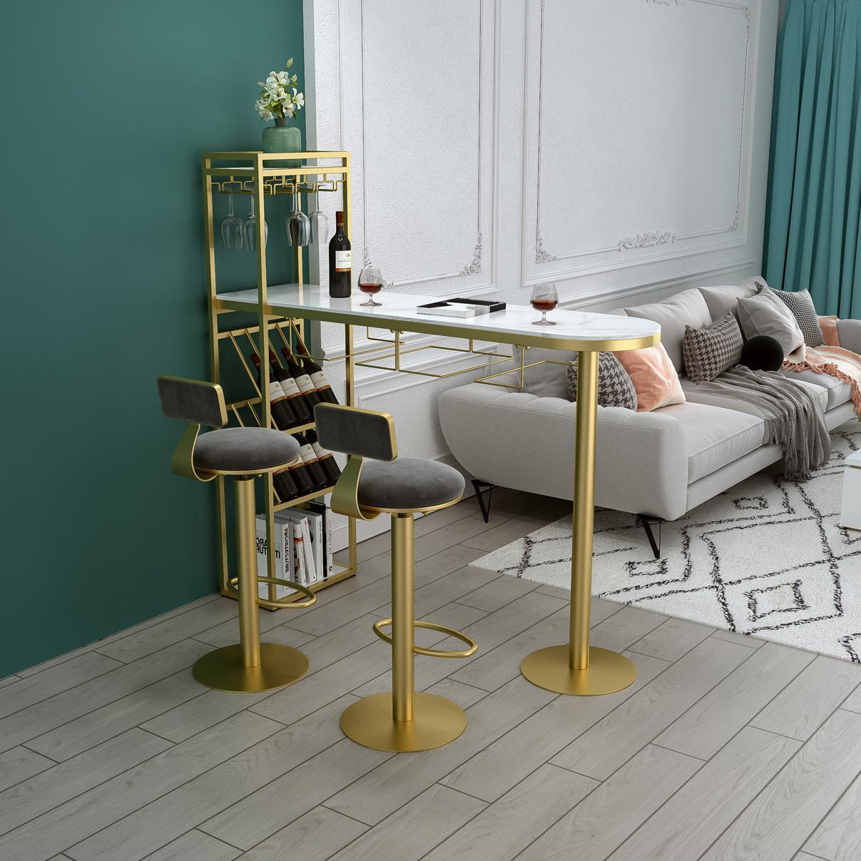 Glam Style Iron Bar Table 41.3"H Faux Marble White Top Bistro Table with Wine Rack