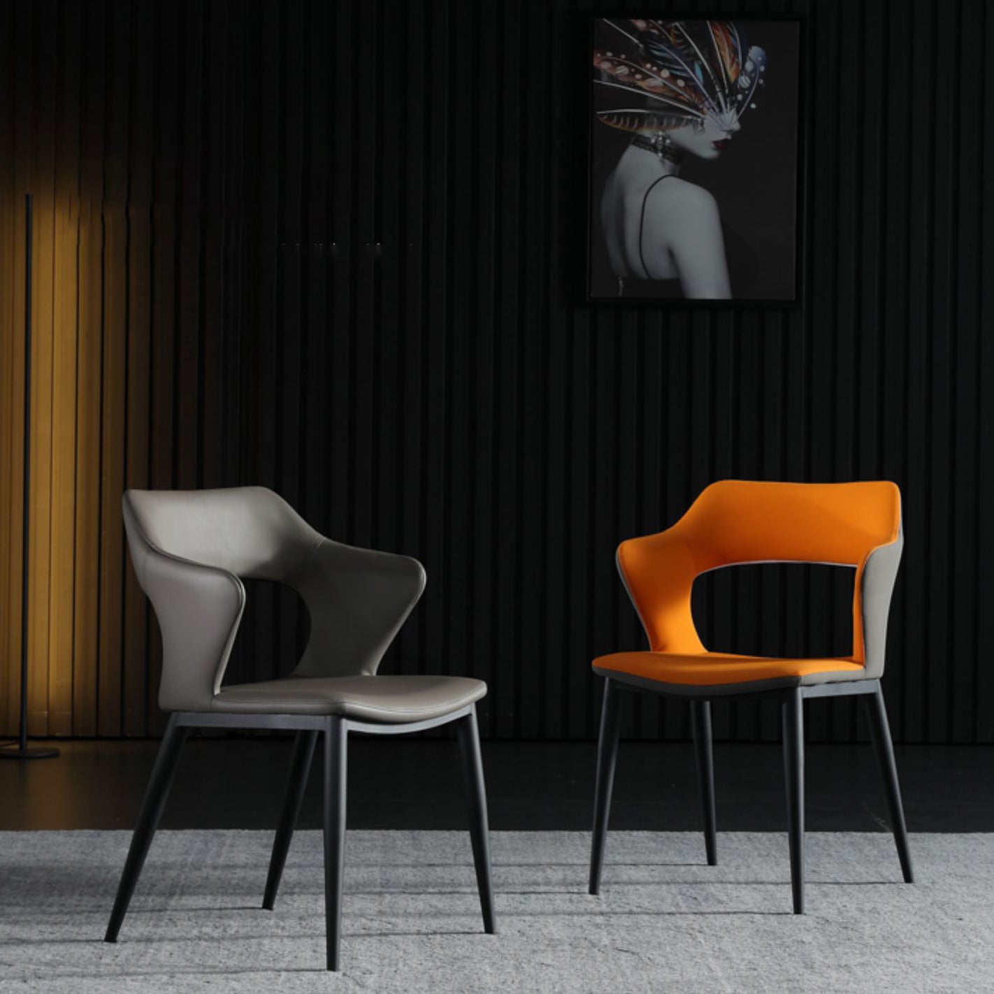 Sillones de comedor de cuero Sillas tapizadas con brazos con respaldo abierto y patas de metal