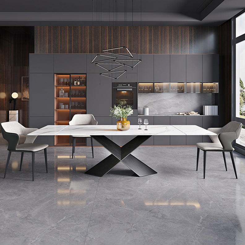 Mesa de comedor de piedra sinterizada extensible Mesa blanca industrial con pedestal de metal