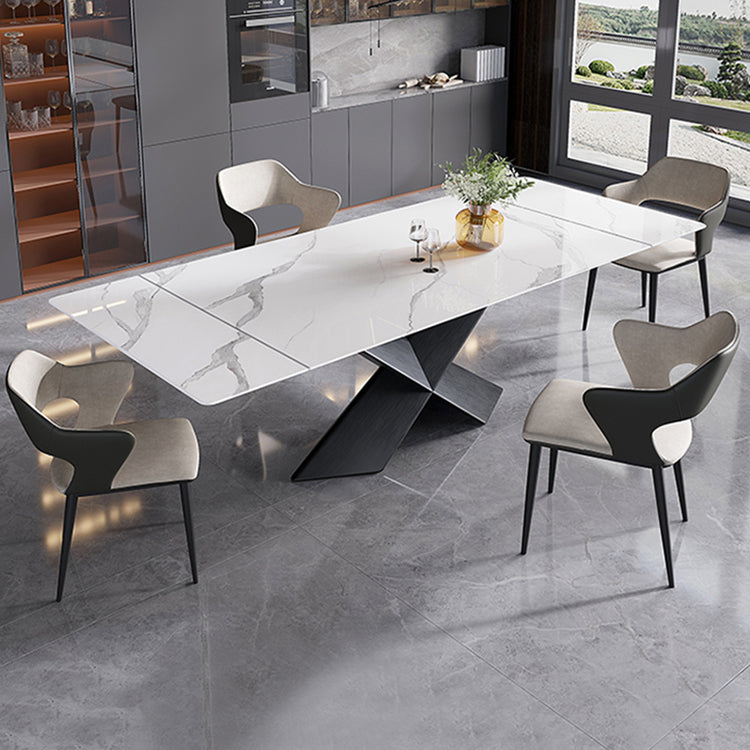 Mesa de comedor de piedra sinterizada extensible Mesa blanca industrial con pedestal de metal