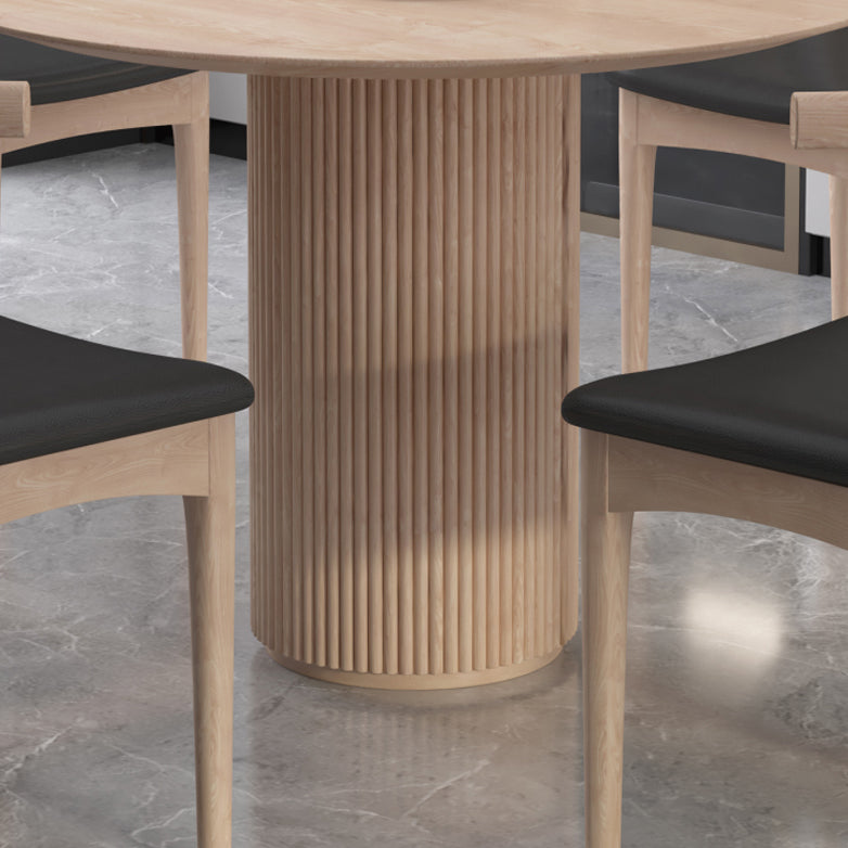 Round Pedestal Casual Dining Table Light Wood Color Fixed Table with Pinewood Solid Wood