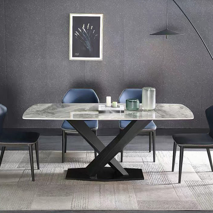 Mesa de comedor de lujo tradicional rectángulo Mesa de piedra sinterizada gris con base de pedestal de metal negro