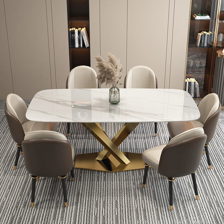 Rectangle Traditional Luxury Dining Table White Sintered Stone Table with Gold Metal Pedestal Base