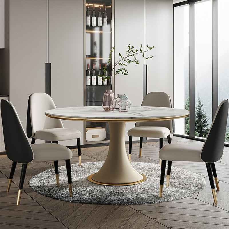 Mesa de comedor de lujo tradicional redonda mesa de piedra sinterizada blanca con base de pedestal blanco