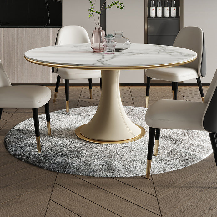 Mesa de comedor de lujo tradicional redonda mesa de piedra sinterizada blanca con base de pedestal blanco