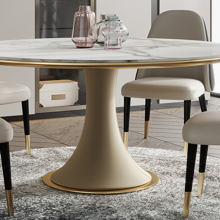 Mesa de comedor de lujo tradicional redonda mesa de piedra sinterizada blanca con base de pedestal blanco
