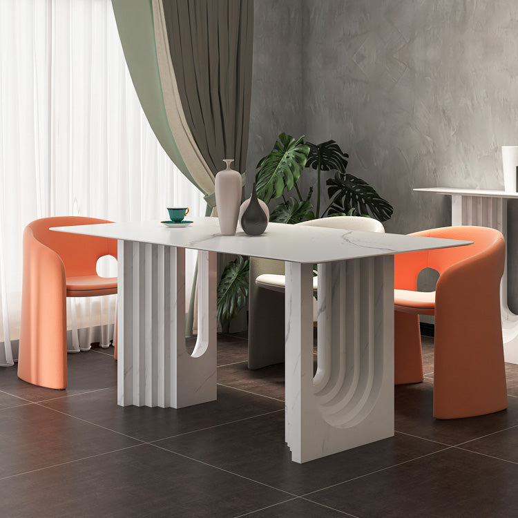47.24''L Contemporary Sintered Stone Table White Dining Table with Double Pedestal Bases