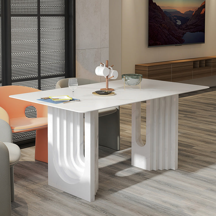 47.24''L Contemporary Sintered Stone Table White Dining Table with Double Pedestal Bases