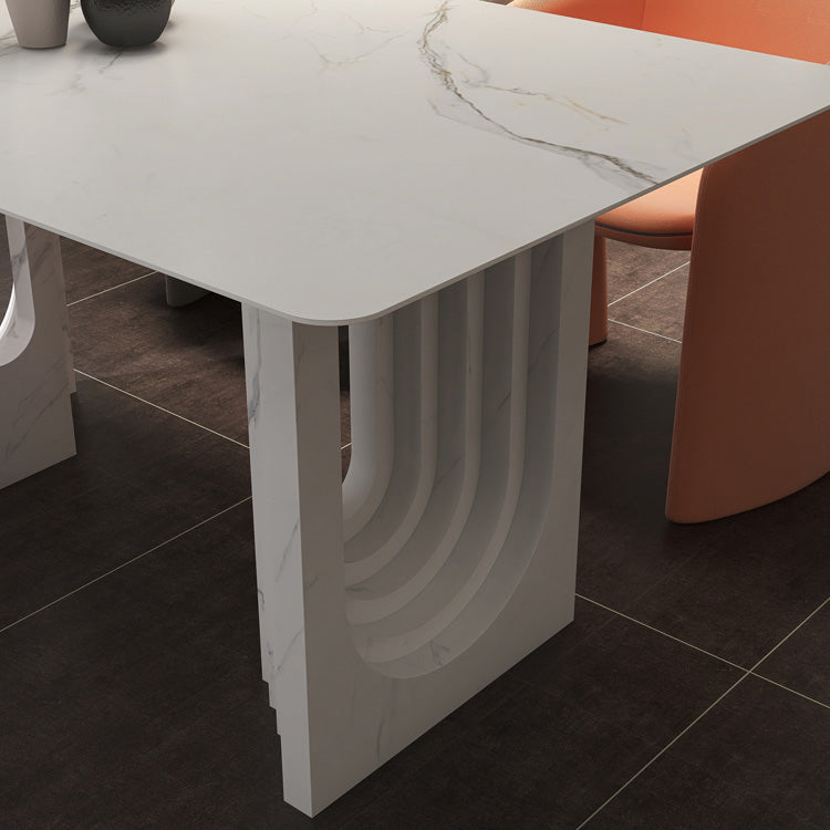 47.24''L Contemporary Sintered Stone Table White Dining Table with Double Pedestal Bases