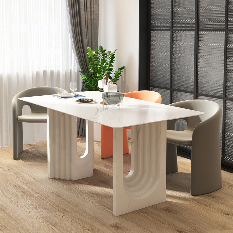 47.24''L Contemporary Sintered Stone Table White Dining Table with Double Pedestal Bases