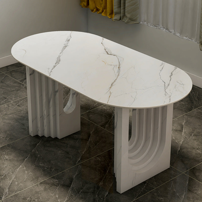 47.24''L Contemporary Sintered Stone Table White Dining Table with Double Pedestal Bases