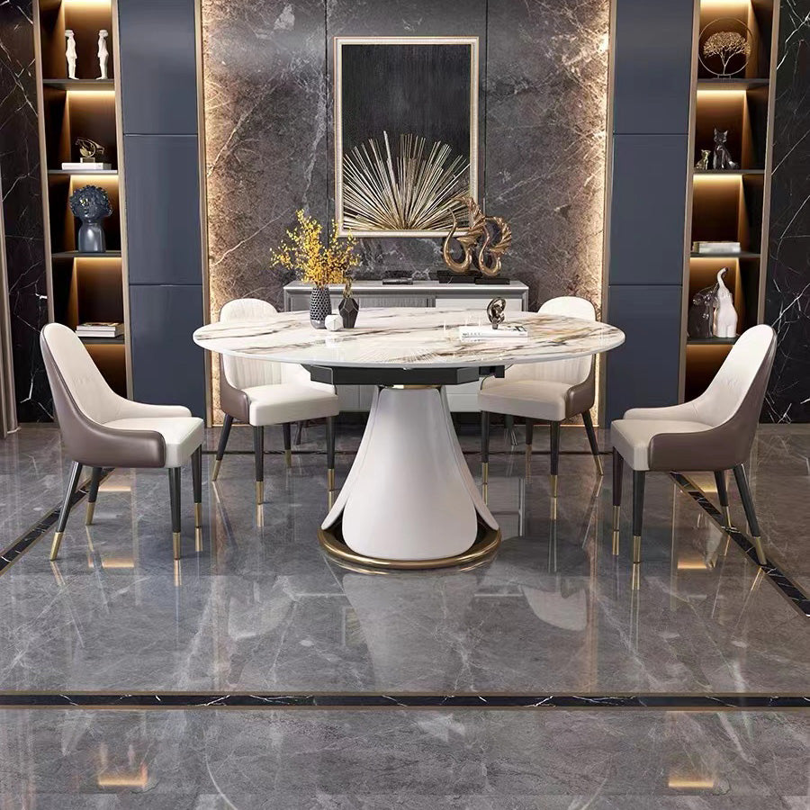 Glam Sintered Stone Extendable Table Round Shape Kitchen Dining Table with Pedestal Base