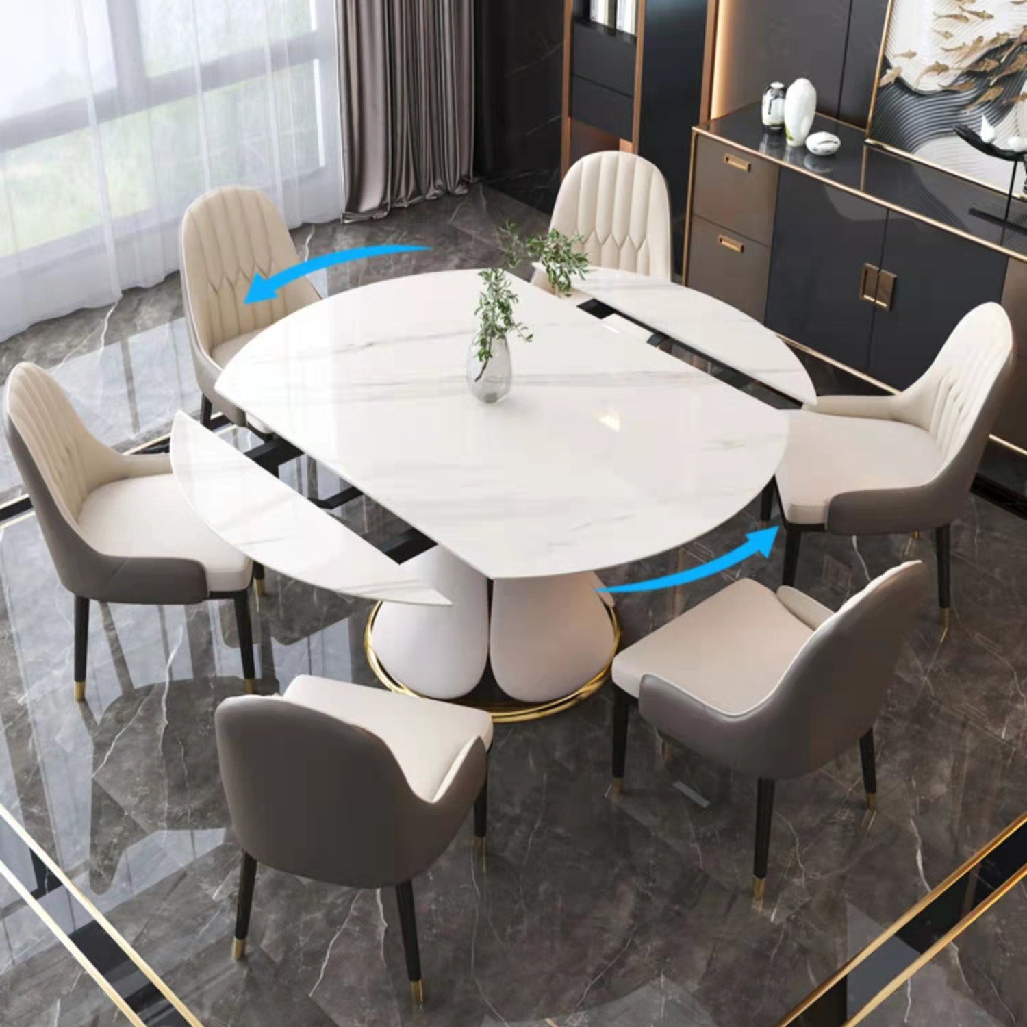 Glam Sintered Stone Extendable Table Round Shape Kitchen Dining Table with Pedestal Base