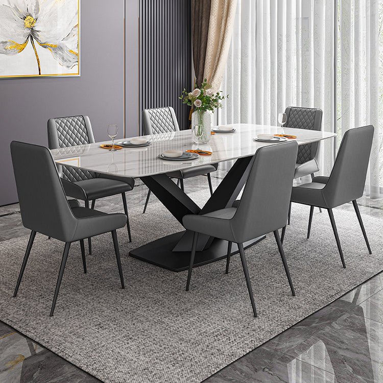 Traditional Luxury Rectangle Dining Table White Sintered Stone Table with Black Pedestal Base