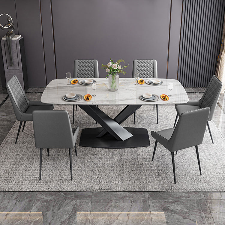 Traditional Luxury Rectangle Dining Table White Sintered Stone Table with Black Pedestal Base