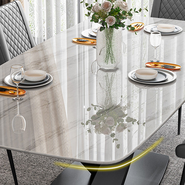 Traditional Luxury Rectangle Dining Table White Sintered Stone Table with Black Pedestal Base