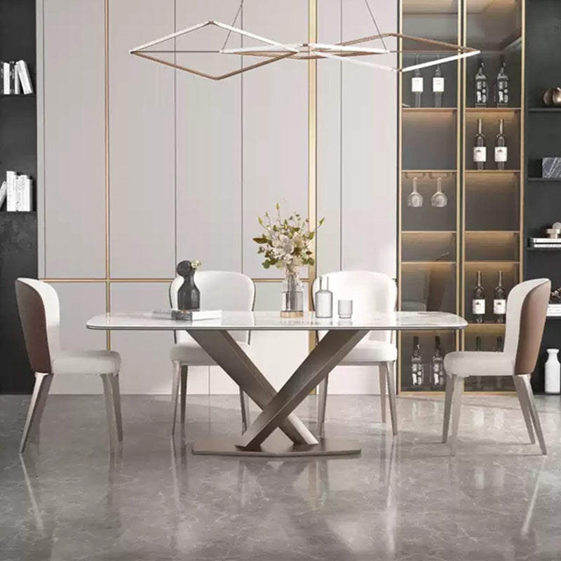 Mesa de comedor rectangular de lujo tradicional mesa de piedra sinterizada blanca con base de pedestal