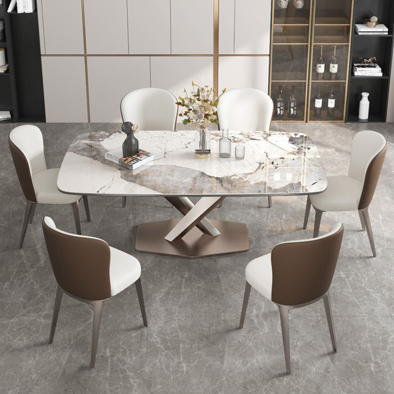 Mesa de comedor rectangular de lujo tradicional mesa de piedra sinterizada blanca con base de pedestal