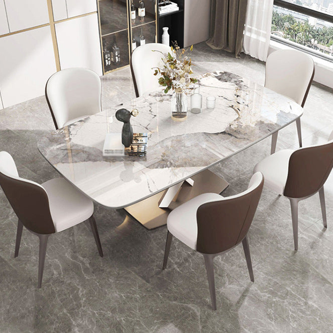 Mesa de comedor rectangular de lujo tradicional mesa de piedra sinterizada blanca con base de pedestal