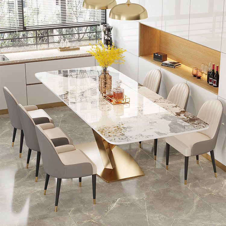Mesa de comedor de piedra sinterizada de lujo Mesa blanca rectangular con pedestal de metal