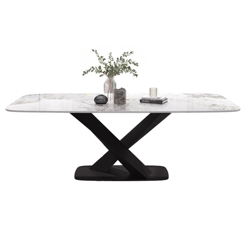 Mesa de comedor de piedra sinterizada de lujo Mesa blanca rectangular con pedestal de metal