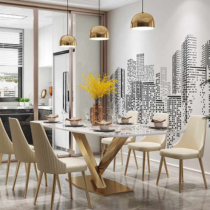 Mesa de comedor de piedra sinterizada de lujo Mesa blanca rectangular con pedestal de metal