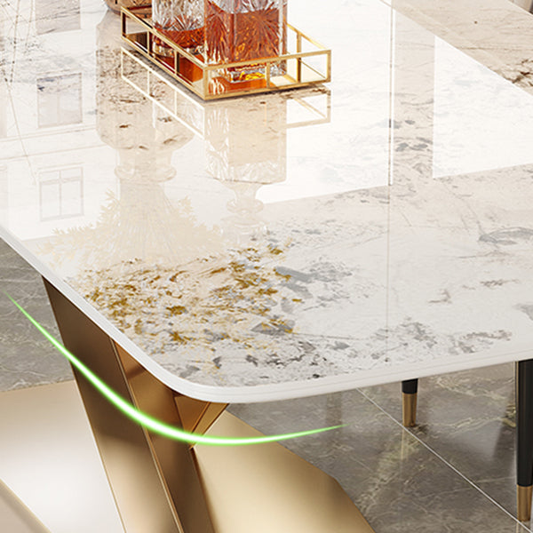 Mesa de comedor de piedra sinterizada de lujo Mesa blanca rectangular con pedestal de metal
