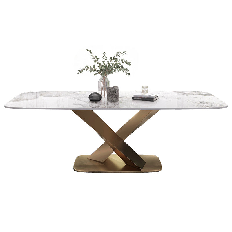 Mesa de comedor de piedra sinterizada de lujo Mesa blanca rectangular con pedestal de metal