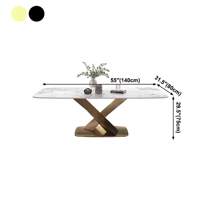 Mesa de comedor de piedra sinterizada de lujo Mesa blanca rectangular con pedestal de metal