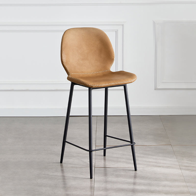 Taburete de bar de cuero moderno para interiores, taburete bajo con respaldo sin brazos y patas de acero