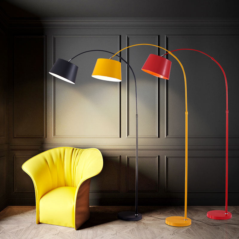 Fishing Rod Floor Reading Light Modern Metal 1-Light Living Room Floor Light with Drum Shade