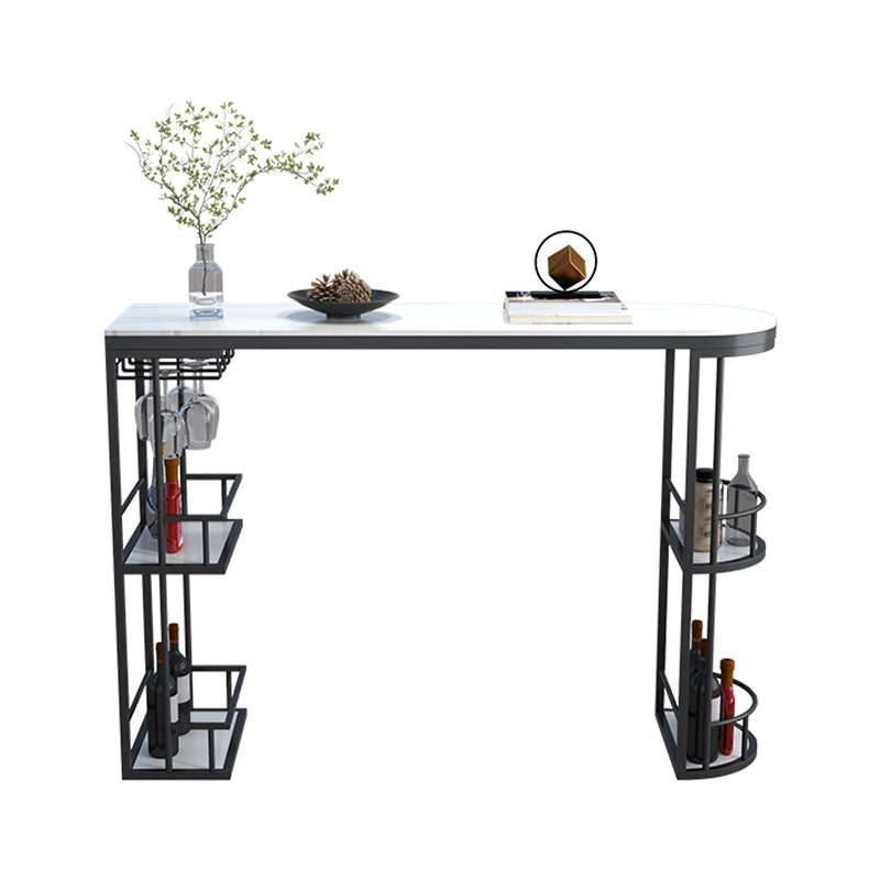 Glam White Stone Bar Dining Table Iron Double Pedestal Bistro Table with Shelf