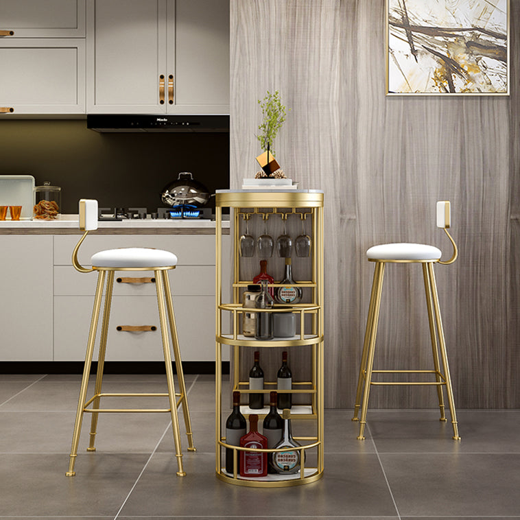 Glam White Stone Bar Dining Table Iron Double Pedestal Bistro Table with Shelf