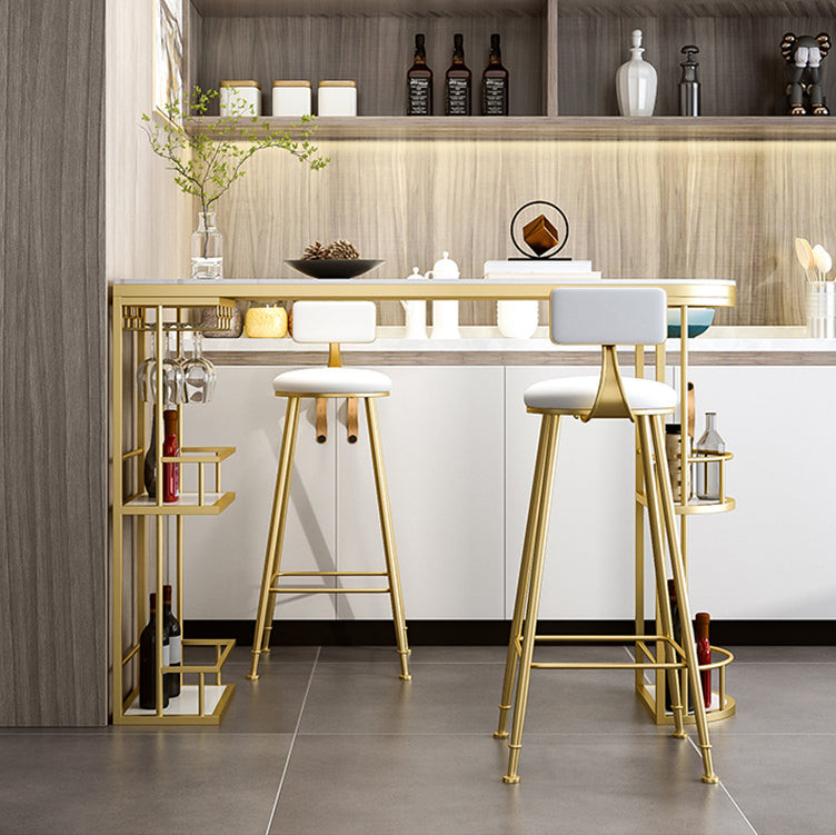 Glam White Stone Bar Dining Table Iron Double Pedestal Bistro Table with Shelf