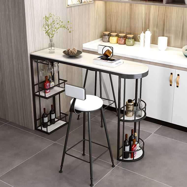 Glam White Stone Bar Dining Table Iron Double Pedestal Bistro Table with Shelf