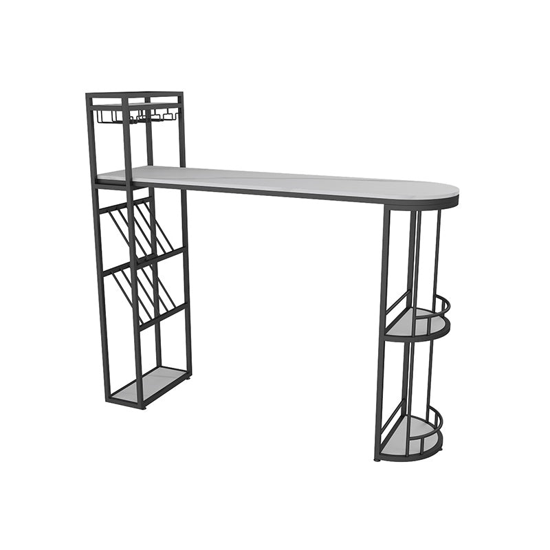 White Stone Glam Indoor Bar Dining Table Iron Double Pedestal Bistro Table with Wine Rack