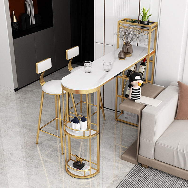 White Stone Glam Indoor Bar Dining Table Iron Double Pedestal Bistro Table with Wine Rack