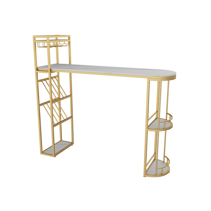 White Stone Glam Indoor Bar Dining Table Iron Double Pedestal Bistro Table with Wine Rack